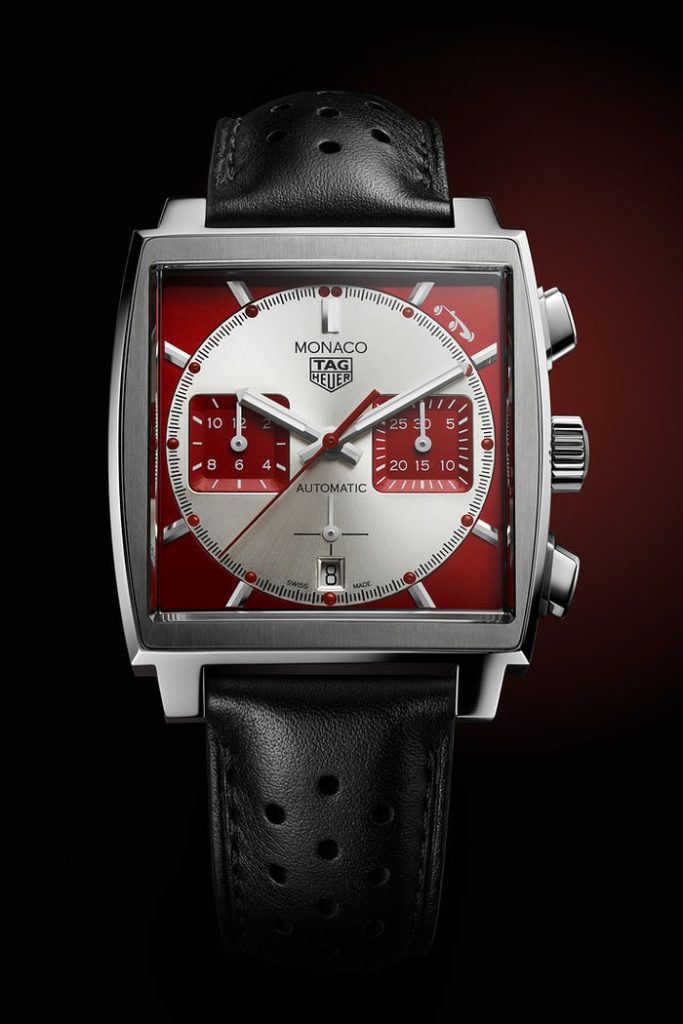 The New Monaco dial has an unusual red-and-white colorway